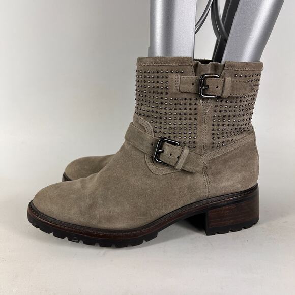 Coach Gates women's size 7.5 grey taupe suede bronze stud ankle moto booties - Picture 5 of 11